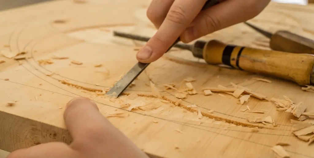 Hands carving a detail into a piece of timber